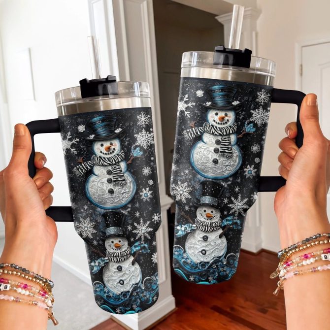 Frosty Snowman Elegance Christmas Custom Stanley Quencher 40Oz Stainless Steel Tumbler With Handle - Image 2