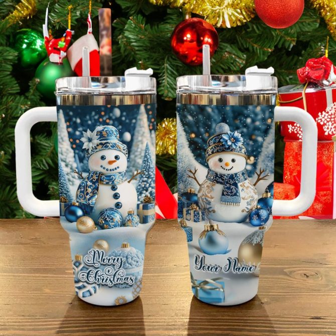 Frosty Snowman Elegance Christmas Custom Stanley Quencher 40Oz Stainless Steel Tumbler With Handle - Image 2