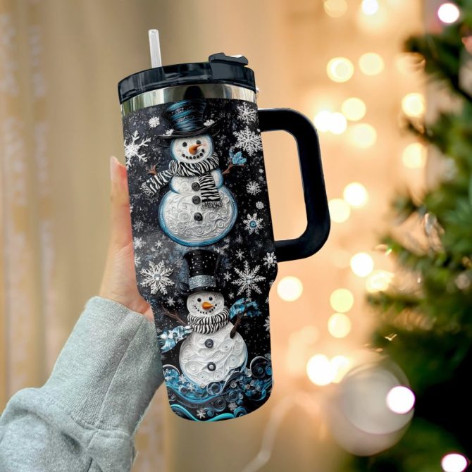 Frosty Snowman Elegance Christmas Custom Stanley Quencher 40Oz Stainless Steel Tumbler With Handle - Image 3