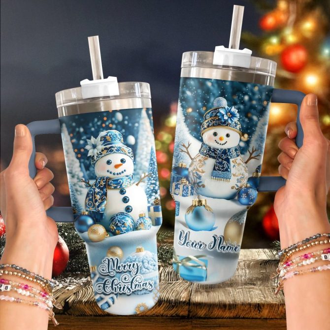 Frosty Snowman Elegance Christmas Custom Stanley Quencher 40Oz Stainless Steel Tumbler With Handle - Image 3