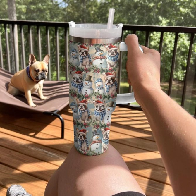 Frosty Snowman Frenchie Bulldog Christmas Custom Stanley Quencher 40Oz Stainless Steel Tumbler With Handle - Image 2