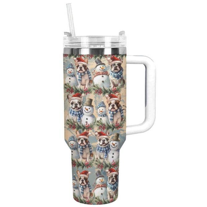 Frosty Snowman Frenchie Bulldog Christmas Custom Stanley Quencher 40Oz Stainless Steel Tumbler With Handle