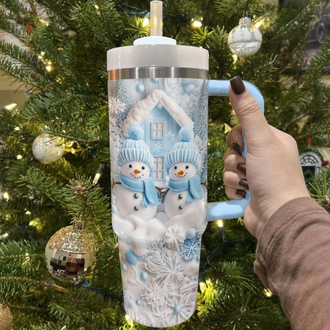 Frosty Snowman Friend Christmas Custom Stanley Quencher 40Oz Stainless Steel Tumbler With Handle - Image 2