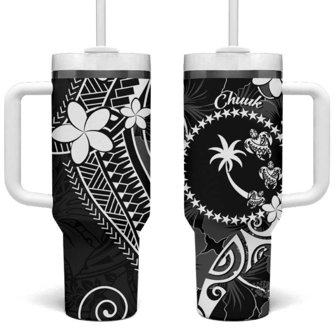 Fsm Chuuk Turtle Tropical Flowers Polynesian Black Custom Stanley Quencher 40Oz Stainless Steel Tumbler With Handle