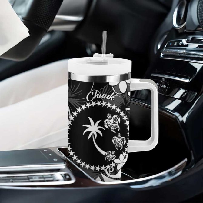 Fsm Chuuk Turtle Tropical Flowers Polynesian Black Custom Stanley Quencher 40Oz Stainless Steel Tumbler With Handle - Image 8