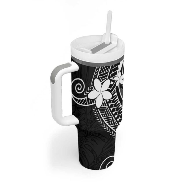 Fsm Chuuk Turtle Tropical Flowers Polynesian Black Custom Stanley Quencher 40Oz Stainless Steel Tumbler With Handle - Image 2