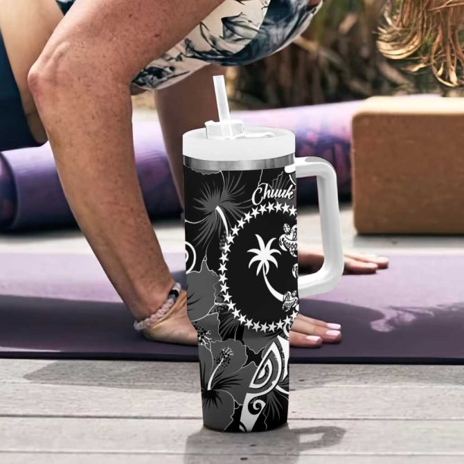 Fsm Chuuk Turtle Tropical Flowers Polynesian Black Custom Stanley Quencher 40Oz Stainless Steel Tumbler With Handle - Image 6