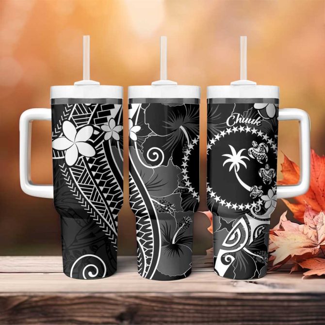 Fsm Chuuk Turtle Tropical Flowers Polynesian Black Custom Stanley Quencher 40Oz Stainless Steel Tumbler With Handle - Image 4