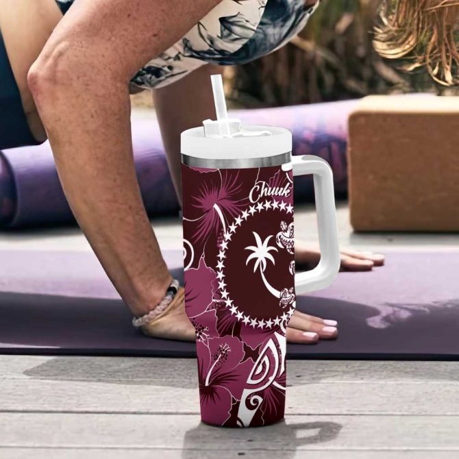 Fsm Chuuk Turtle Tropical Flowers Polynesian Pink Custom Stanley Quencher 40Oz Stainless Steel Tumbler With Handle - Image 6