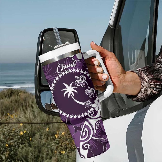 Fsm Chuuk Turtle Tropical Flowers Polynesian Purple Custom Stanley Quencher 40Oz Stainless Steel Tumbler With Handle - Image 7