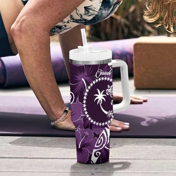 Fsm Chuuk Turtle Tropical Flowers Polynesian Purple Custom Stanley Quencher 40Oz Stainless Steel Tumbler With Handle - Image 6