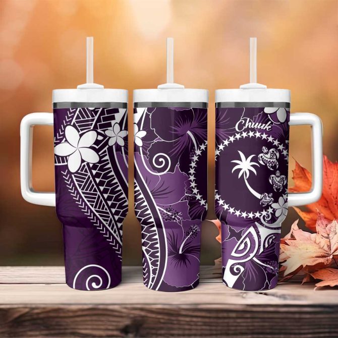 Fsm Chuuk Turtle Tropical Flowers Polynesian Purple Custom Stanley Quencher 40Oz Stainless Steel Tumbler With Handle - Image 4