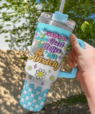 Fueled By Iced Coffee Custom Stanley Quencher 40Oz Stainless Steel Tumbler With Handle