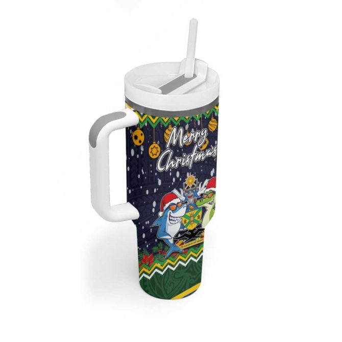 Funny Crocodile And Shark Solomon Islands Christmas Custom Stanley Quencher 40Oz Stainless Steel Tumbler With Handle - Image 2