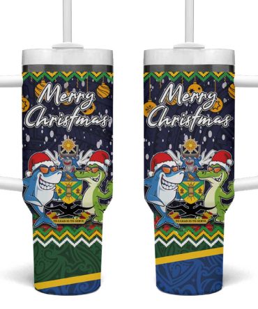 Funny Crocodile And Shark Solomon Islands Christmas Custom Stanley Quencher 40Oz Stainless Steel Tumbler With Handle