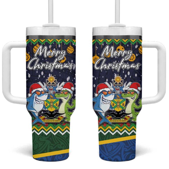 Funny Crocodile And Shark Solomon Islands Christmas Custom Stanley Quencher 40Oz Stainless Steel Tumbler With Handle