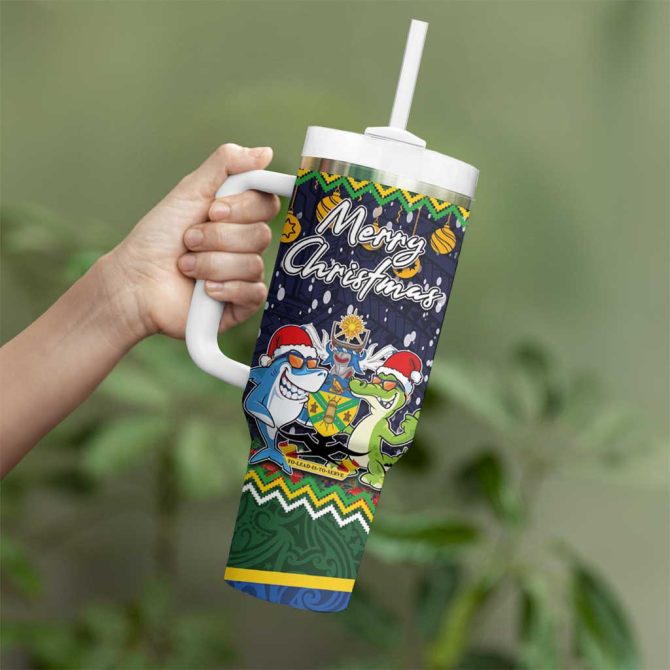 Funny Crocodile And Shark Solomon Islands Christmas Custom Stanley Quencher 40Oz Stainless Steel Tumbler With Handle - Image 3