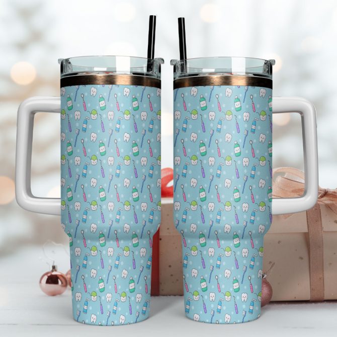 Funny Cute Teeth Custom Stanley Quencher 40Oz Stainless Steel Tumbler With Handle - Image 4