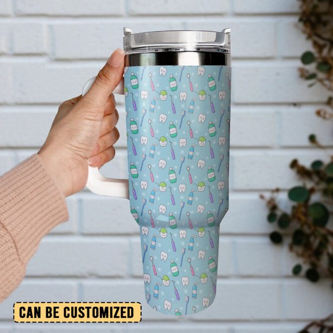 Funny Cute Teeth Custom Stanley Quencher 40Oz Stainless Steel Tumbler With Handle - Image 3