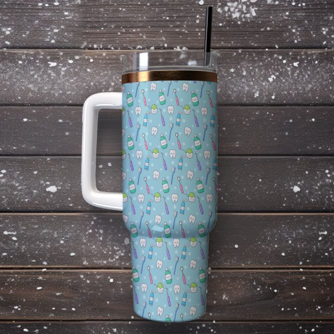 Funny Cute Teeth Custom Stanley Quencher 40Oz Stainless Steel Tumbler With Handle - Image 2