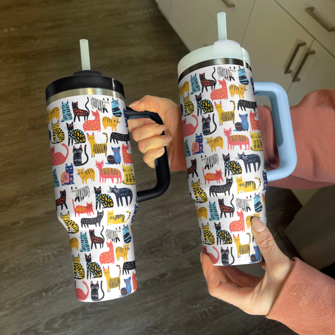 Funny Drawings Of Cats Custom Stanley Quencher 40Oz Stainless Steel Tumbler With Handle - Image 4