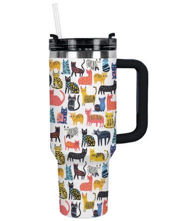 Funny Drawings Of Cats Custom Stanley Quencher 40Oz Stainless Steel Tumbler With Handle