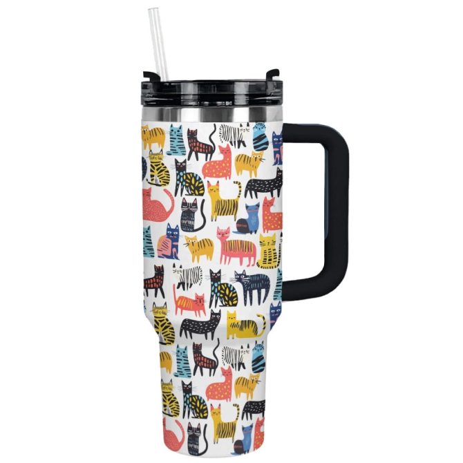 Funny Drawings Of Cats Custom Stanley Quencher 40Oz Stainless Steel Tumbler With Handle