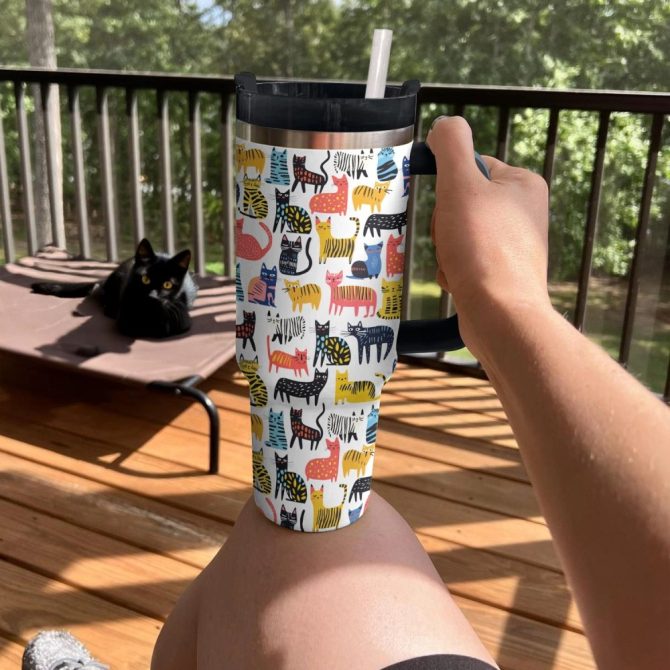 Funny Drawings Of Cats Custom Stanley Quencher 40Oz Stainless Steel Tumbler With Handle - Image 2