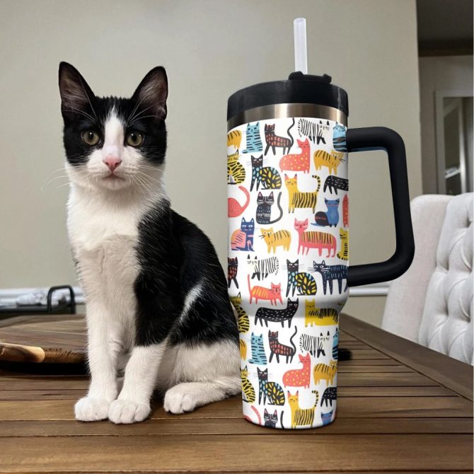 Funny Drawings Of Cats Custom Stanley Quencher 40Oz Stainless Steel Tumbler With Handle - Image 3