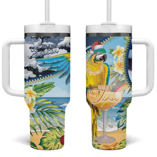 Funny Tropical Christmas Tis The Season To Get Tipsy Custom Stanley Quencher 40Oz Stainless Steel Tumbler With Handle
