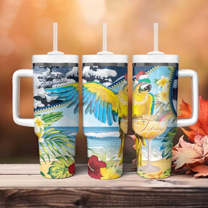 Funny Tropical Christmas Tis The Season To Get Tipsy Custom Stanley Quencher 40Oz Stainless Steel Tumbler With Handle - Image 4