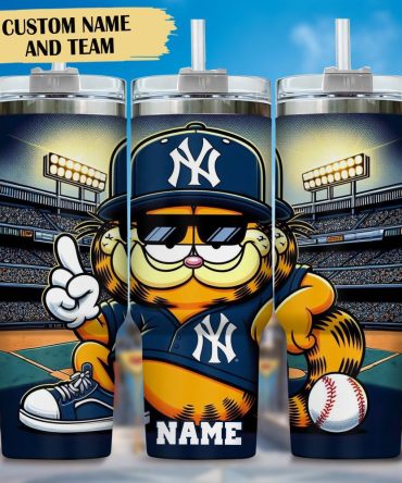 Garfield And New York Yankees Cartoon,Mlb Custom Stanley Quencher 40Oz Stainless Steel Tumbler With Handle