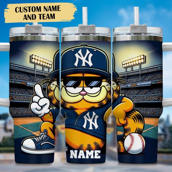 Garfield And New York Yankees Cartoon,Mlb Custom Stanley Quencher 40Oz Stainless Steel Tumbler With Handle