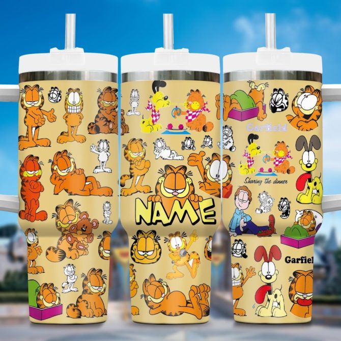 Garfield Cartoon Custom Stanley Quencher 40Oz Stainless Steel Tumbler With Handle