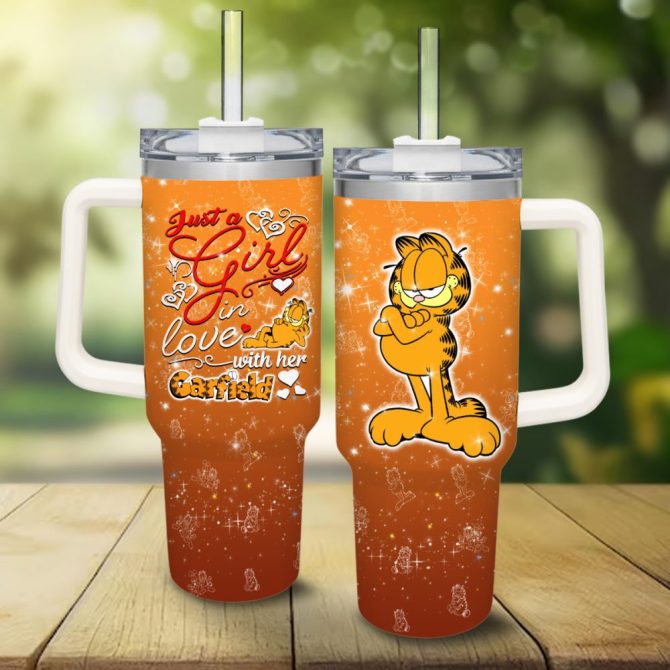 Garfield Cartoon Custom Stanley Quencher 40Oz Stainless Steel Tumbler With Handle