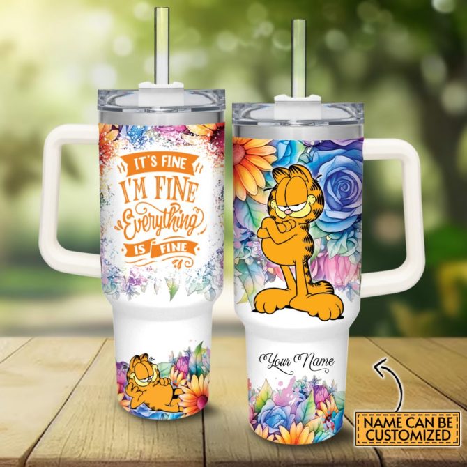 Garfield Cartoon Custom Stanley Quencher 40Oz Stainless Steel Tumbler With Handle