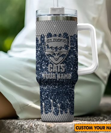 Geelong Cats Afl Sports Glitter Custom Stanley Quencher 40Oz Stainless Steel Tumbler With Handle