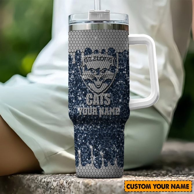 Geelong Cats Afl Sports Glitter Custom Stanley Quencher 40Oz Stainless Steel Tumbler With Handle