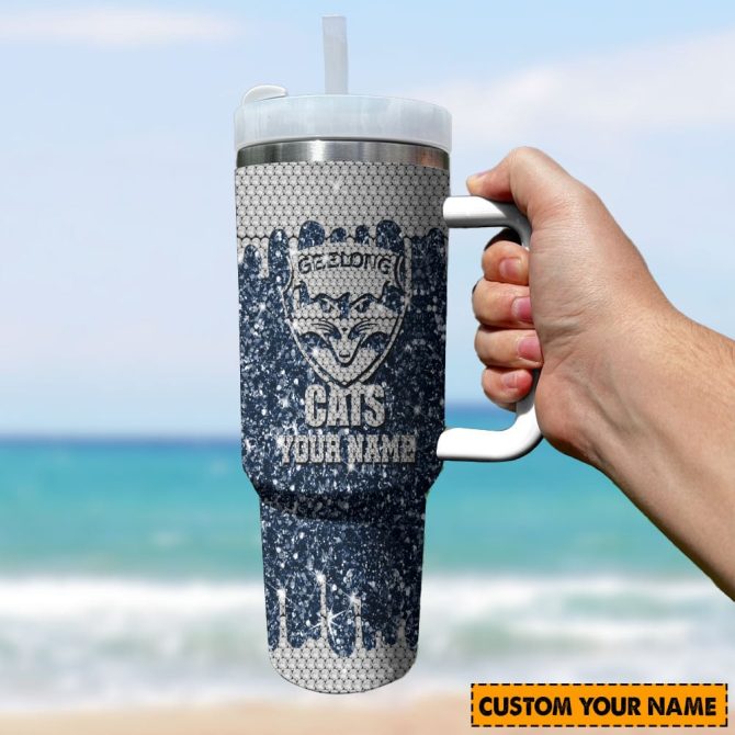 Geelong Cats Afl Sports Glitter Custom Stanley Quencher 40Oz Stainless Steel Tumbler With Handle - Image 3