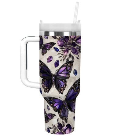 Gem Butterfly Custom Stanley Quencher 40Oz Stainless Steel Tumbler With Handle