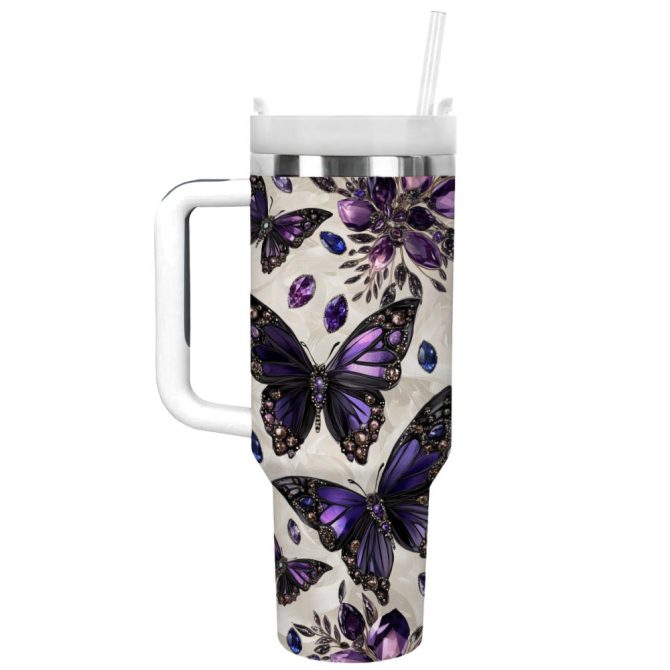 Gem Butterfly Custom Stanley Quencher 40Oz Stainless Steel Tumbler With Handle