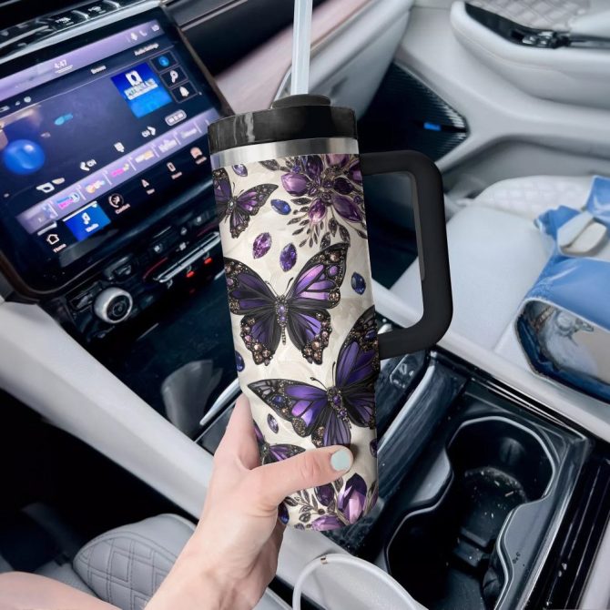 Gem Butterfly Custom Stanley Quencher 40Oz Stainless Steel Tumbler With Handle - Image 2