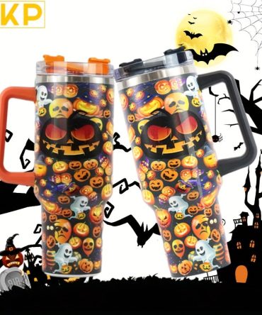 Ghost And Pumpkin Custom Stanley Quencher 40Oz Stainless Steel Tumbler With Handle