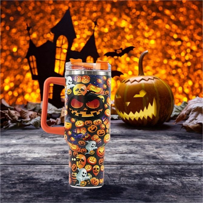 Ghost And Pumpkin Custom Stanley Quencher 40Oz Stainless Steel Tumbler With Handle - Image 2