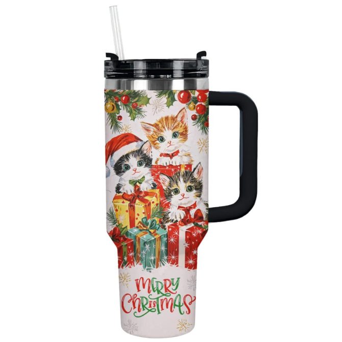 Gift-Giving Christmas Kitten Custom Stanley Quencher 40Oz Stainless Steel Tumbler With Handle