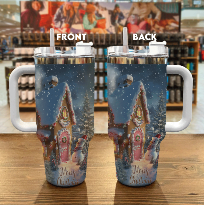 Gingerbread House Christmas Custom Stanley Quencher 40Oz Stainless Steel Tumbler With Handle - Image 3