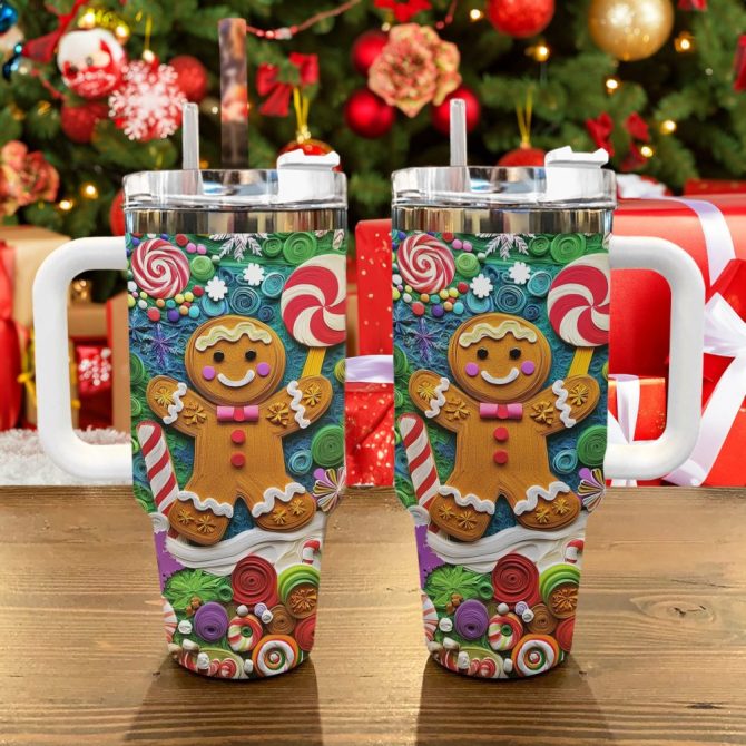 Gingerbread Man Christmas Custom Stanley Quencher 40Oz Stainless Steel Tumbler With Handle - Image 2