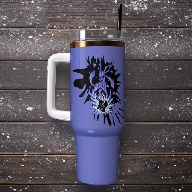 Glaceon And Eevee Pokemon Anime Custom Stanley Quencher 40Oz Stainless Steel Tumbler With Handle - Image 2