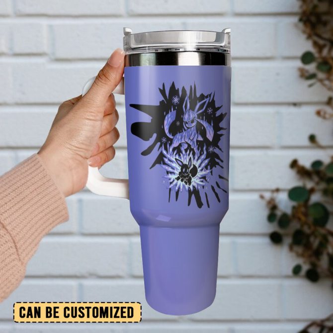 Glaceon And Eevee Pokemon Anime Custom Stanley Quencher 40Oz Stainless Steel Tumbler With Handle - Image 3