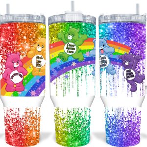 Glitter Rainbow Care Bears Cartoon Custom Stanley Quencher 40Oz Stainless Steel